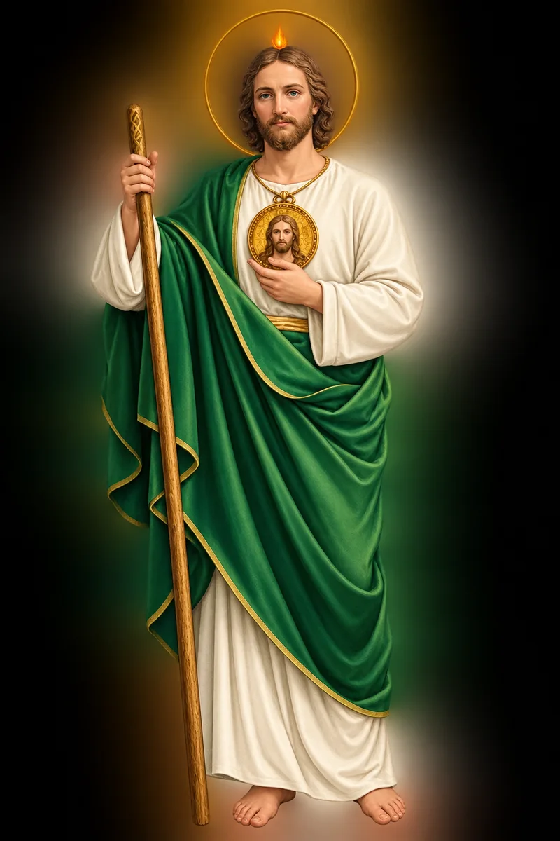 Imagen de San Judas Tadeo con manto verde, báculo y medallón